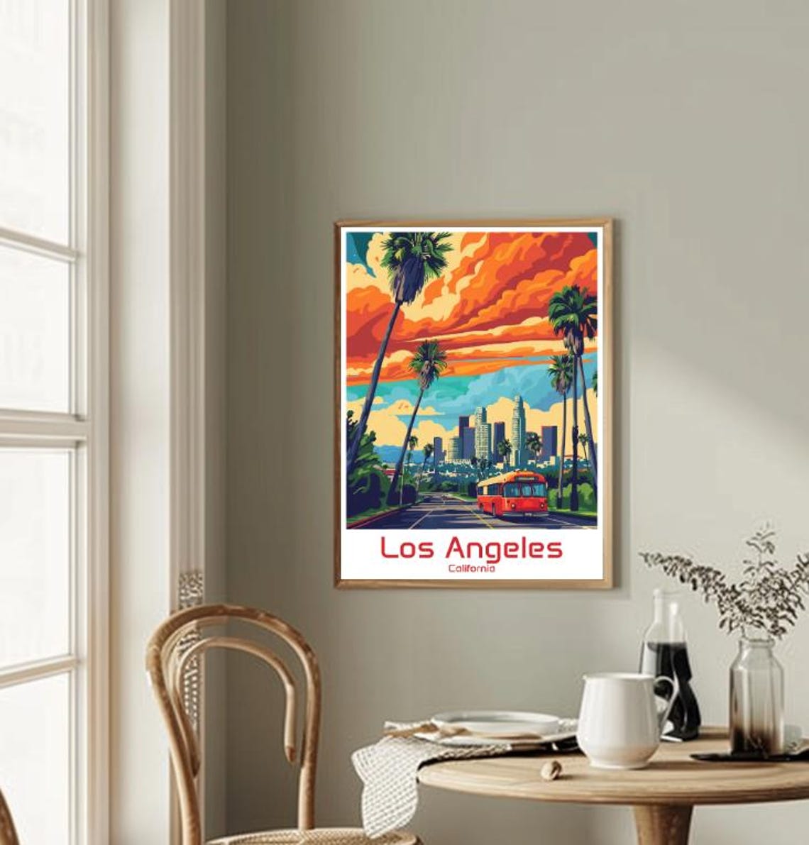 Los Angeles California Downtown Skyline Palms And Red Bus Poster - Image 2