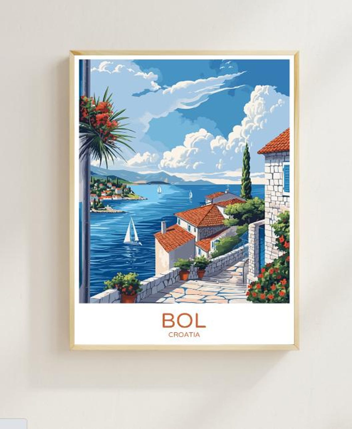 Bol Croatia Travel Poster Island Of Bra Wall Art Zlatni Rat Beach Print Mediterranean Coastal Artwork Vintage Travel Poster