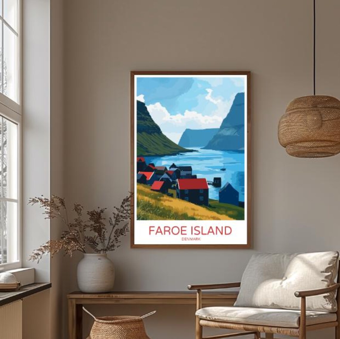 Faroe Island Denmark Fjord Village Poster With Red Roof Houses View - Image 3