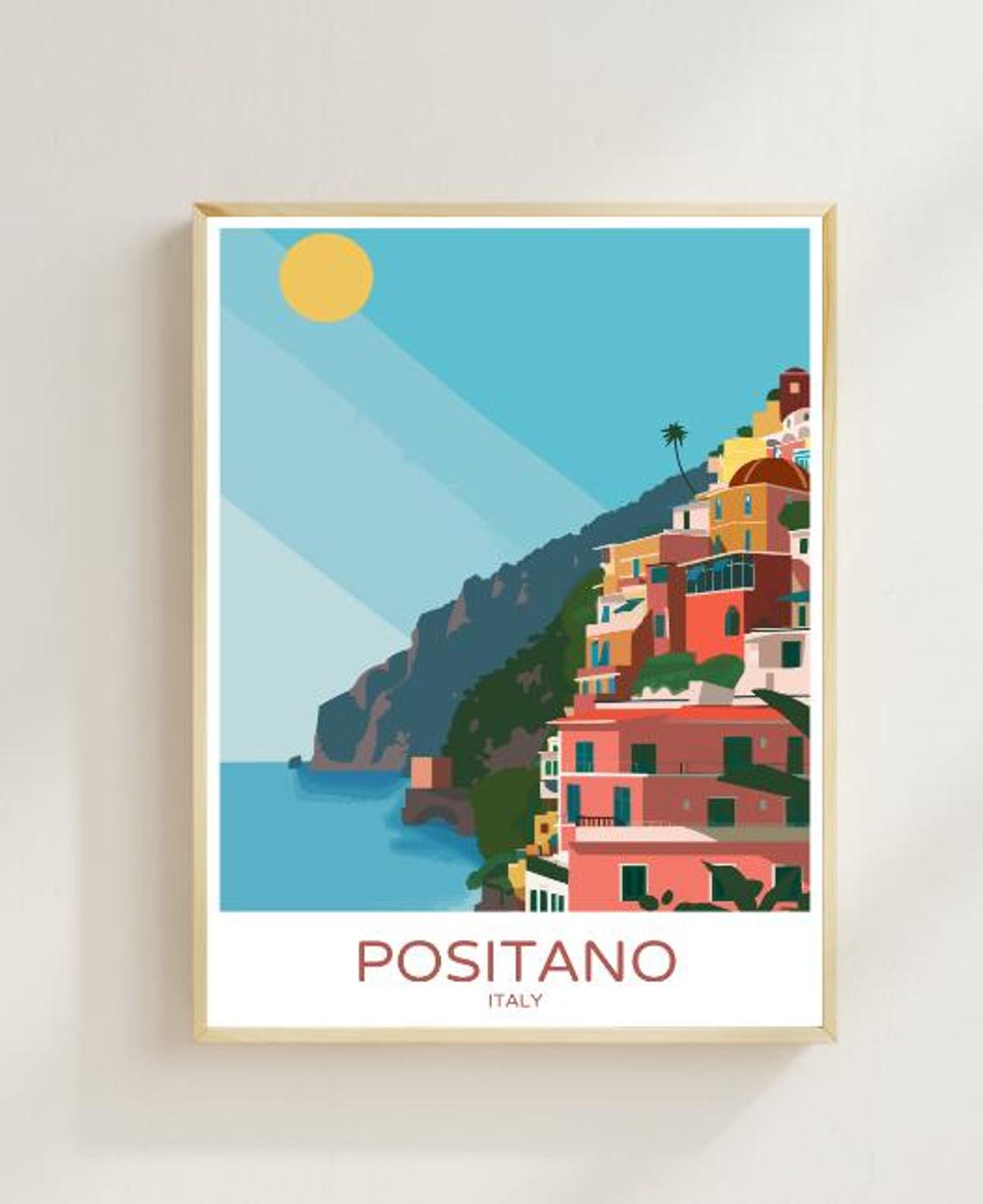 Positano Italy Colorful Cliffside Village Over Blue Sea Travel Poster