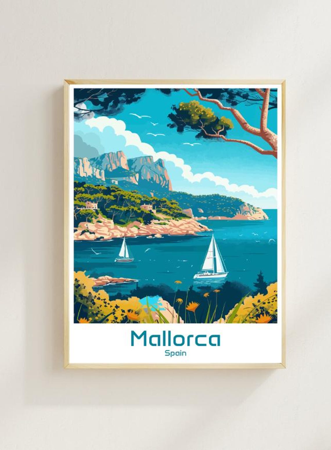 Mallorca Spain Sunlit Cliffs and Sailboats on the Coast Poster