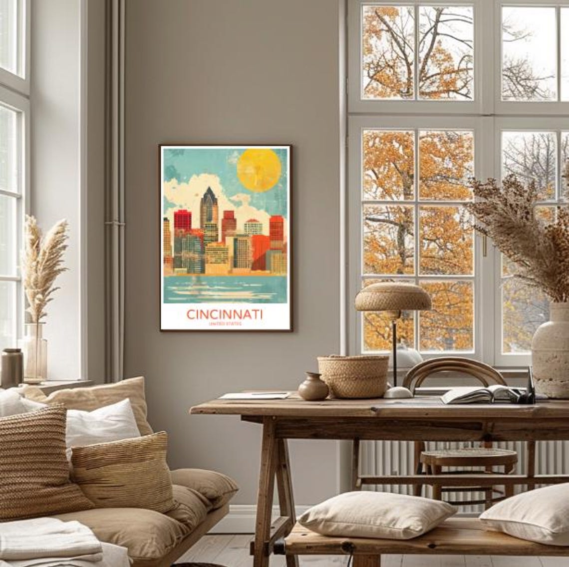 Retro Cincinnati Ohio Skyline Poster With Bold Sun Over City Buildings - Image 4