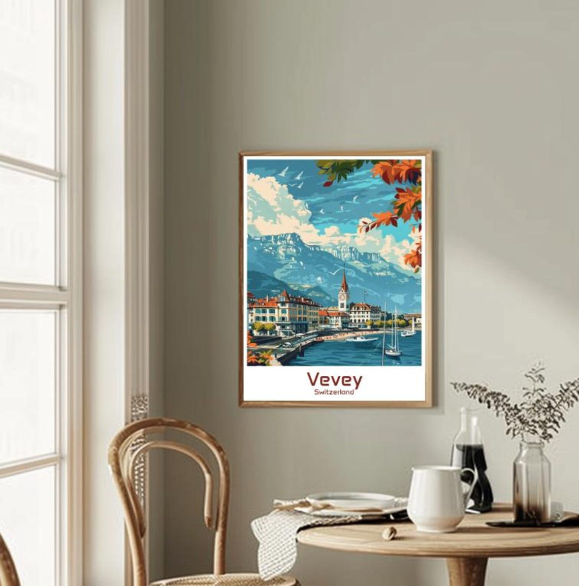 Vevey Switzerland Autumn Scenic Lakeside Village Travel Poster - Image 2