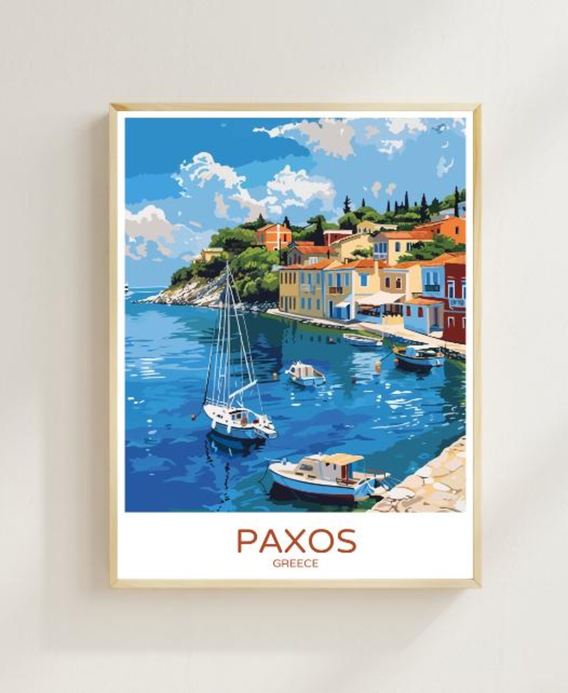 Paxos Harbor Sailboats Colorful Seaside Houses Ionian Greece Poster