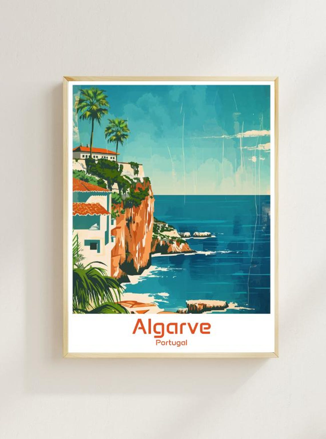 Algarve Portugal Dramatic Cliffs Palm Trees Ocean Cove Travel Poster