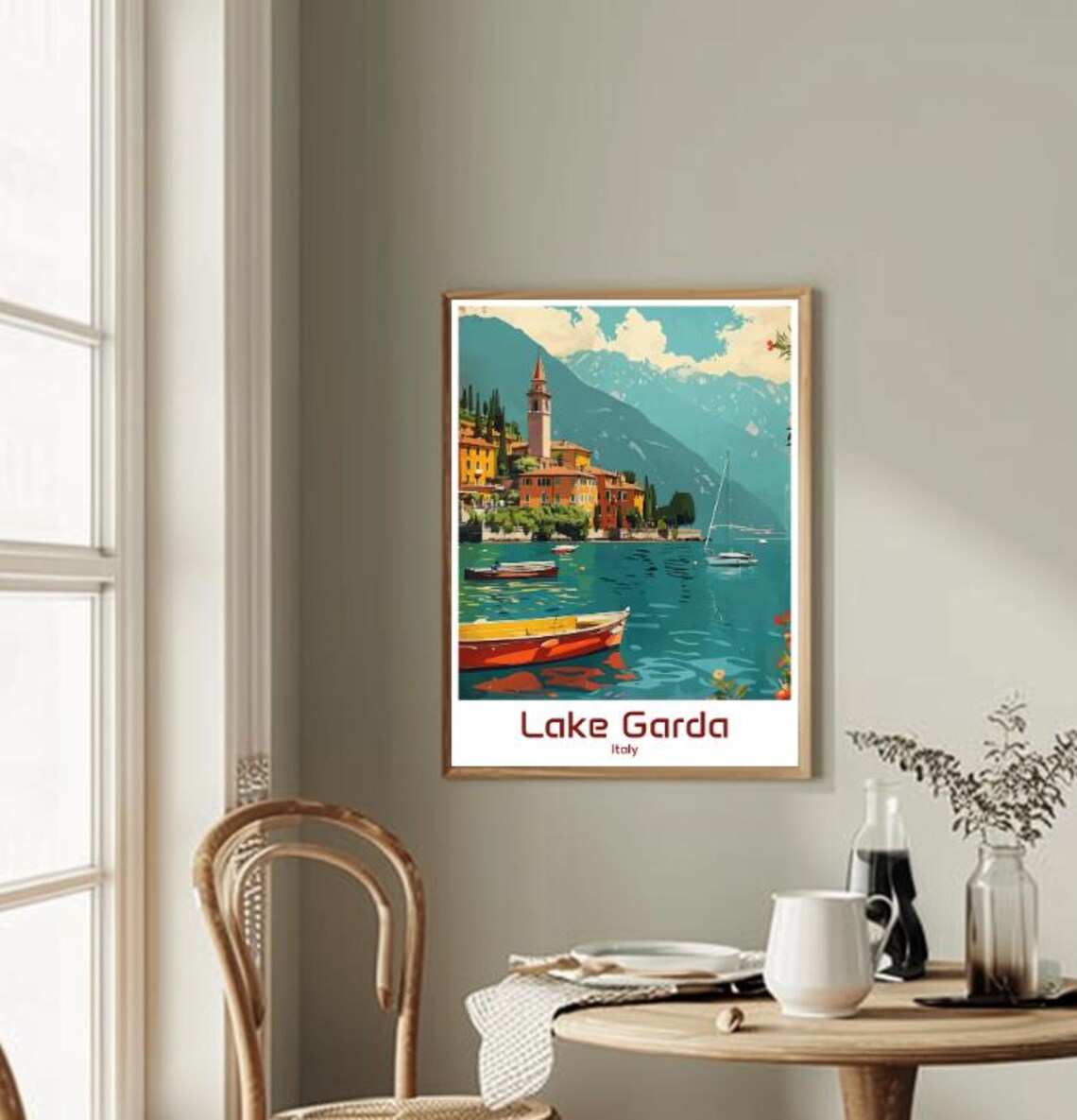 Lake Garda Italy Village Bell Tower Boats Lake Travel Poster - Image 2
