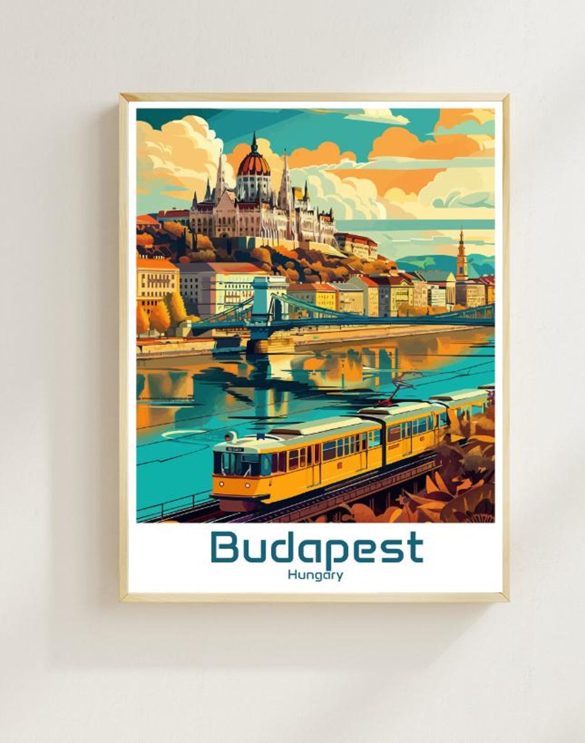 Budapest Hungary Parliament Building And Yellow Tram Vintage Poster