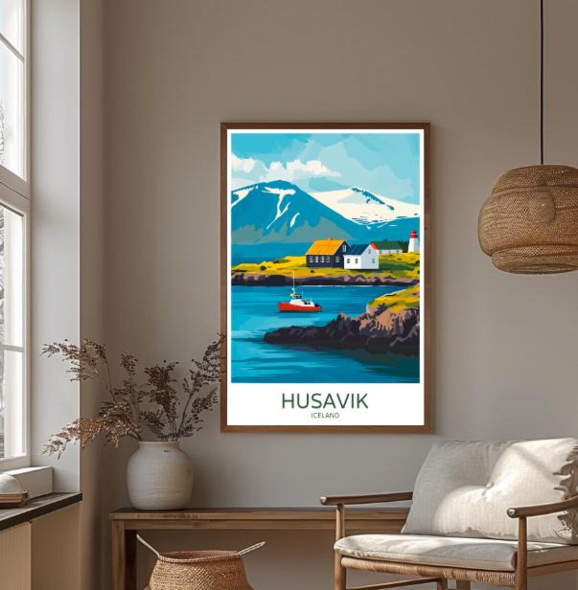 Husavik Coastal Cottages Lighthouse Snowy Peaks Iceland Poster - Image 3