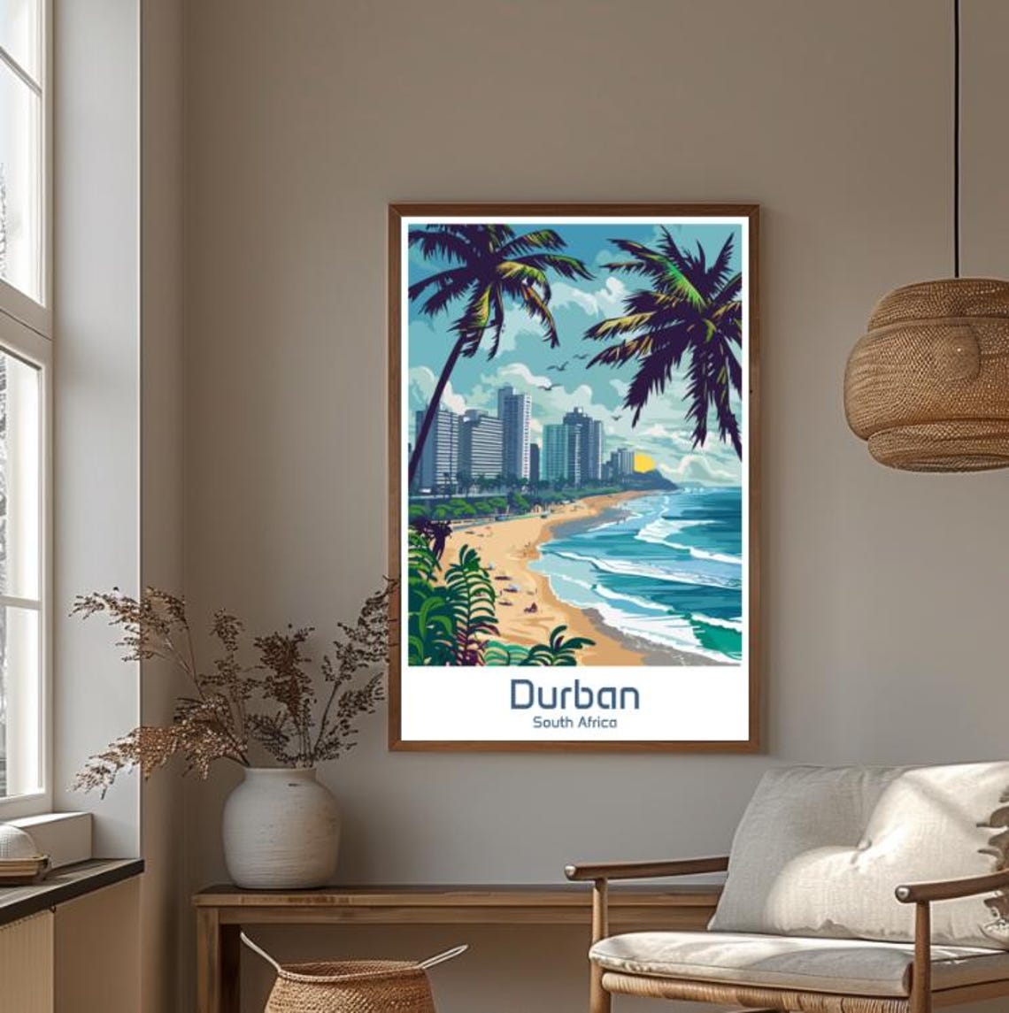 Durban South Africa Beachfront Skyline Palms Golden Sun Poster - Image 4