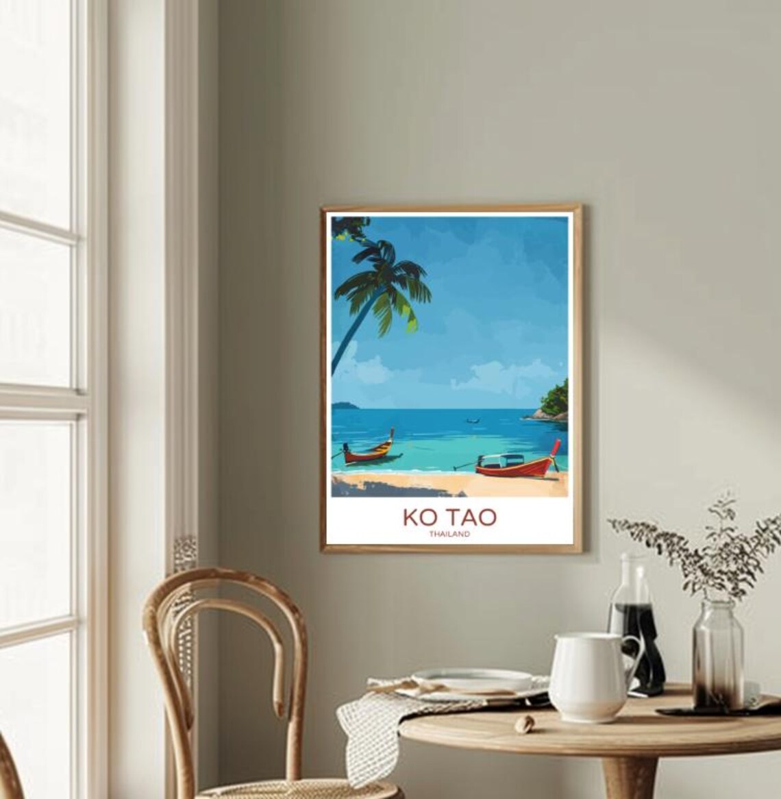 Ko Tao Thailand Tropical Beach Longtail Boats Palm Tree Poster - Image 2