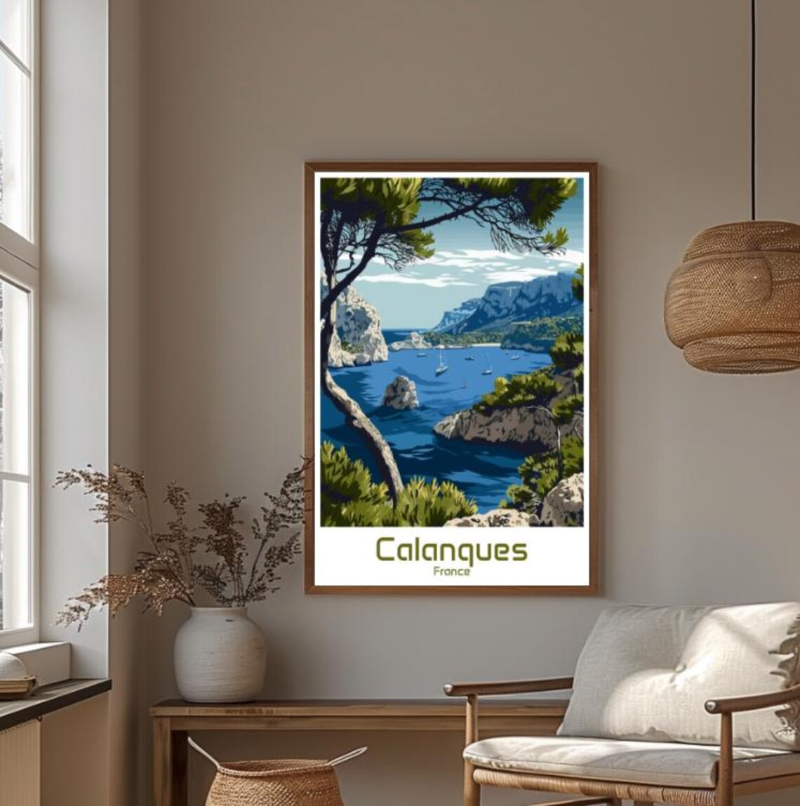 Calanques France Rocky Inlet Sailboats Pine Framed Cove Poster - Image 4