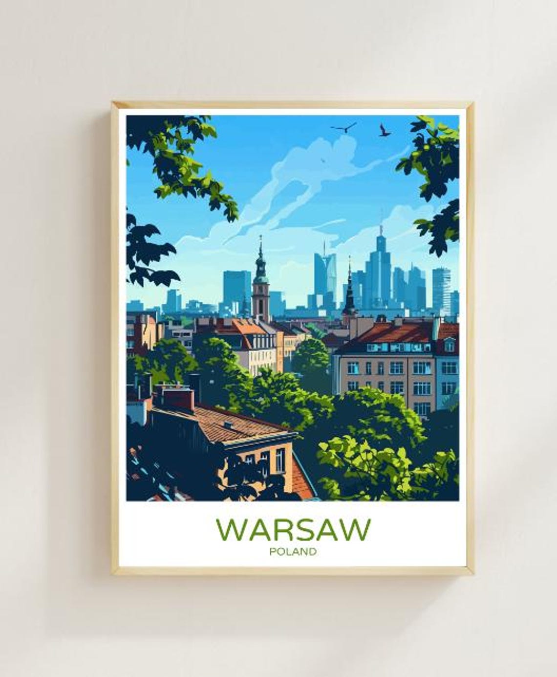Warsaw Poland Old Town Rooftops and Modern Skyline Travel Poster