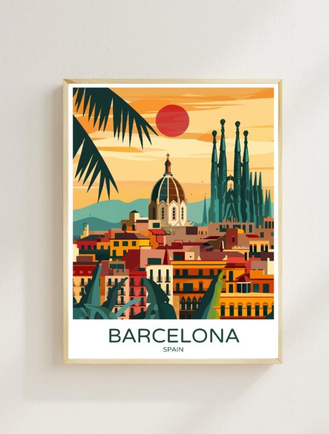 Barcelona Spain Sagrada Familia Golden Sunset Cityscape Art Poster
