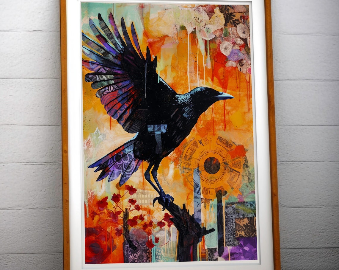 Raven in Flight Mixed Media Collage Corvid Orange Patterned Art Print