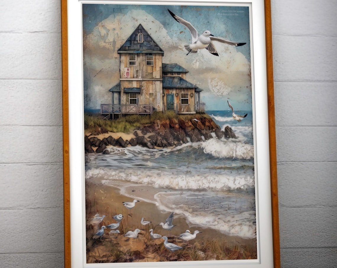 Vintage Seaside Cottage Rocky Coast Seagulls Coastal Art Print