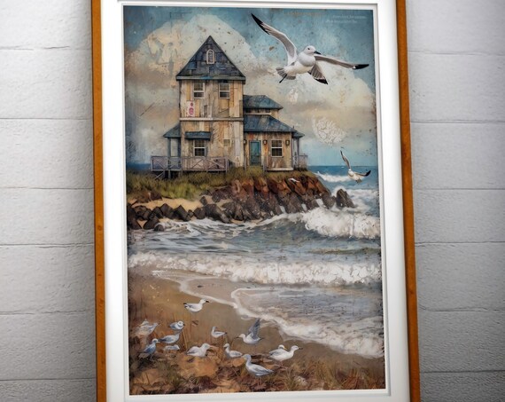 Vintage Seaside Cottage Rocky Coast Seagulls Coastal Art Print