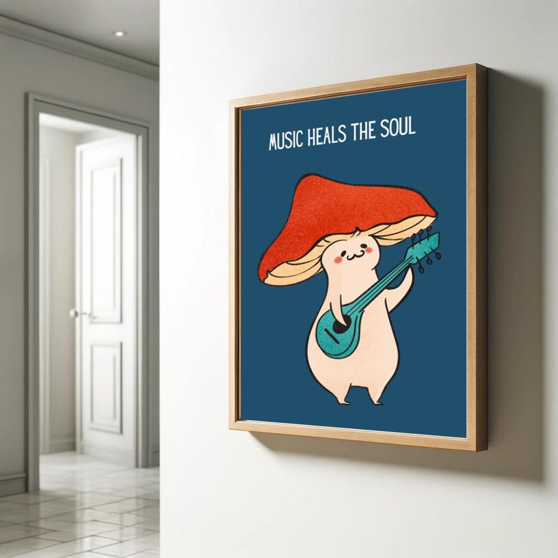 Music Heals the Soul Cute Mushroom Guitar Retro Music Quote Poster