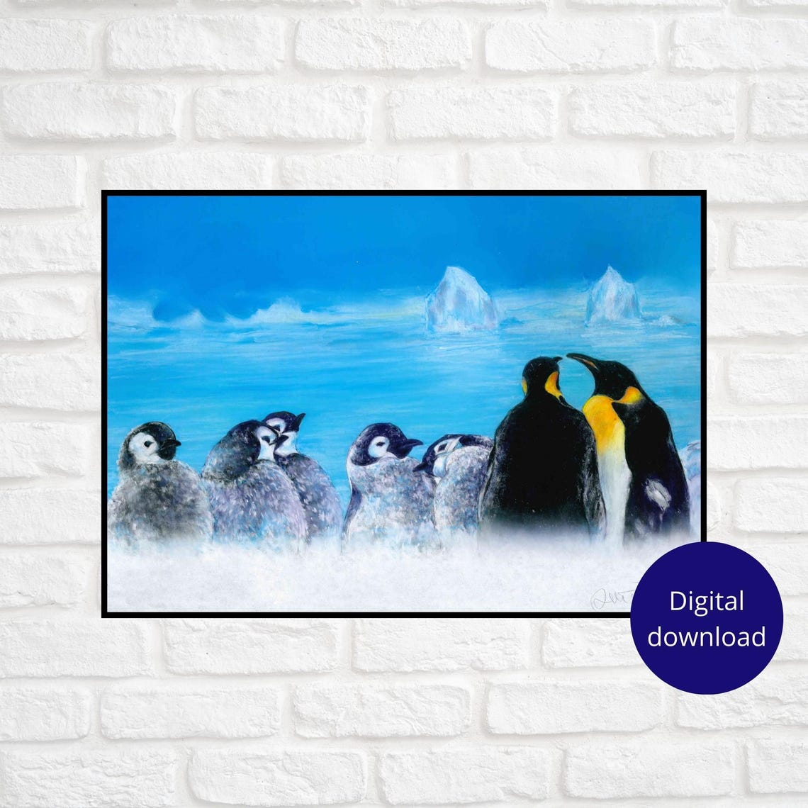Emperor Penguin Parents with Chicks by the Frozen Sea Poster