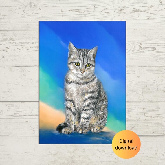 Tabby Kitten with Yellow Eyes on a Blue Backdrop Poster Wall Decor