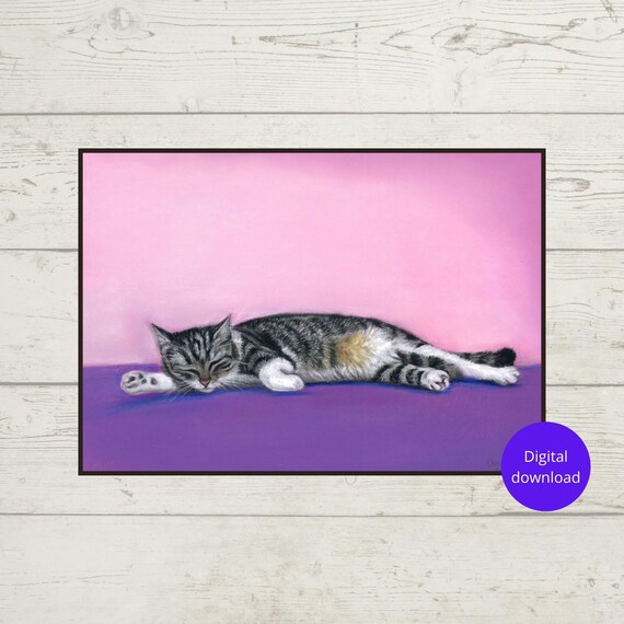 Sleeping Tabby Kitten On Purple Pink Cozy Minimalist Cat Poster