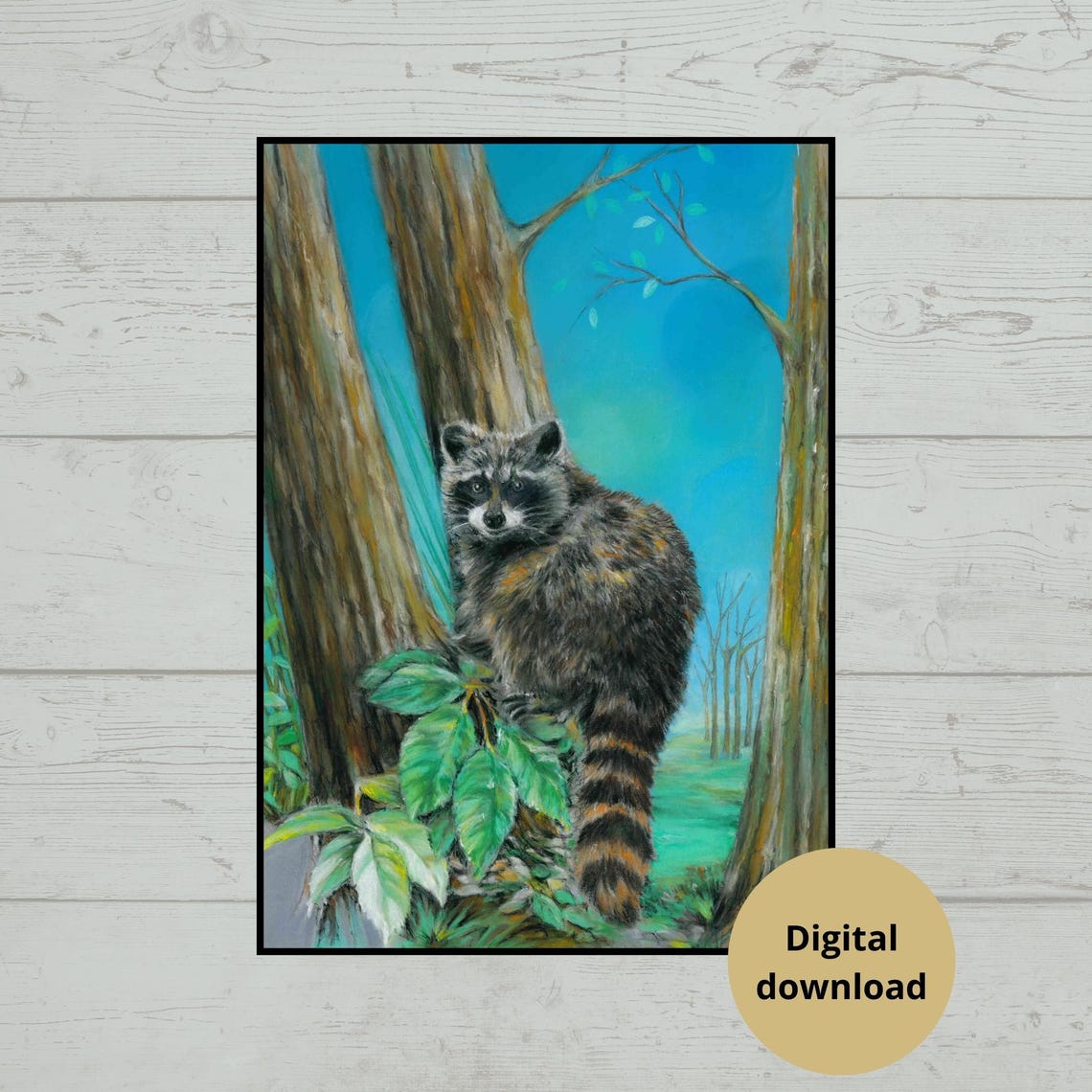 Raccoon Perched on a Tree Branch in the Green Forest Poster Art