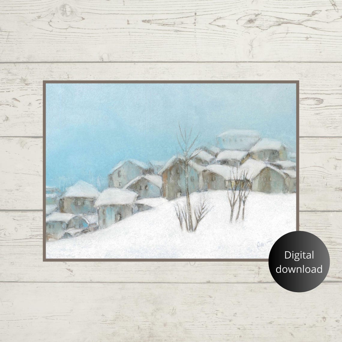 Snow Covered Village in a Soft Winter Landscape Painting Poster
