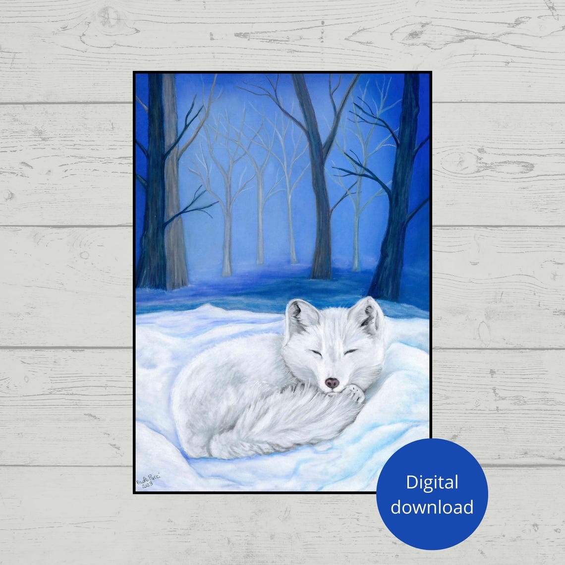 White Fox Sleeping Curled In Snow Winter Forest Painting Poster
