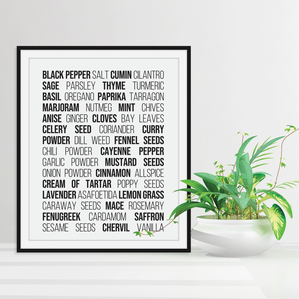 Spice Names Black White Modern Farmhouse Typography Kitchen Wall Art