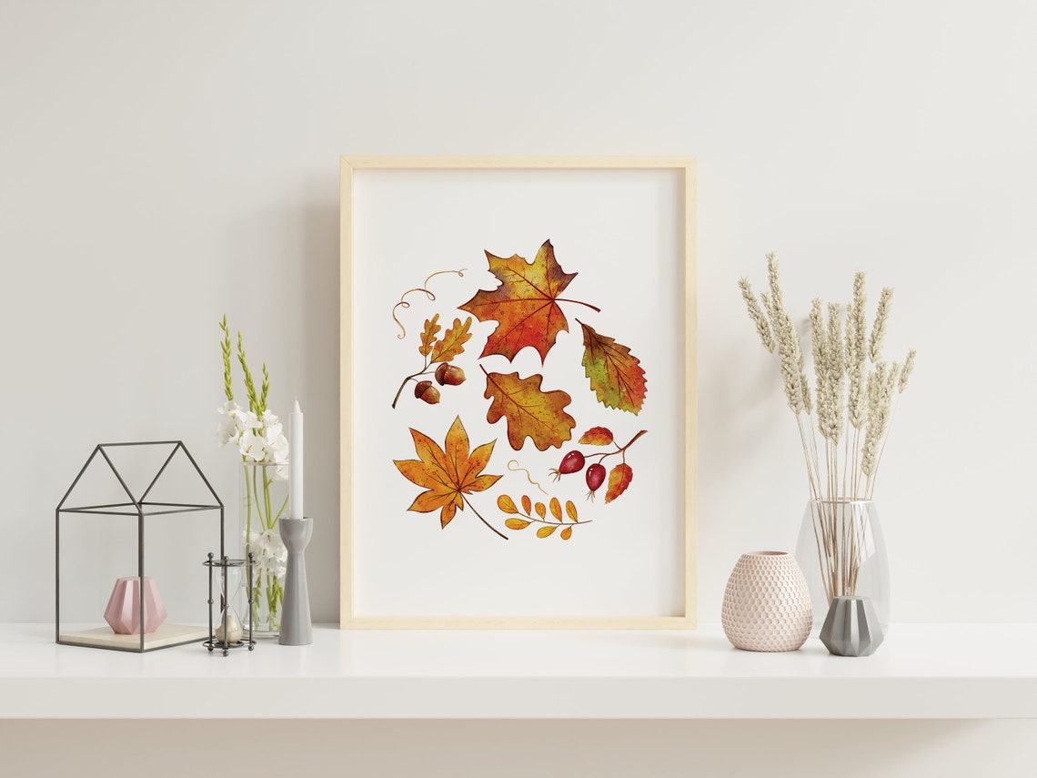 Scattered Autumn Leaves Watercolor Orange Fall Foliage Art Print - Image 2
