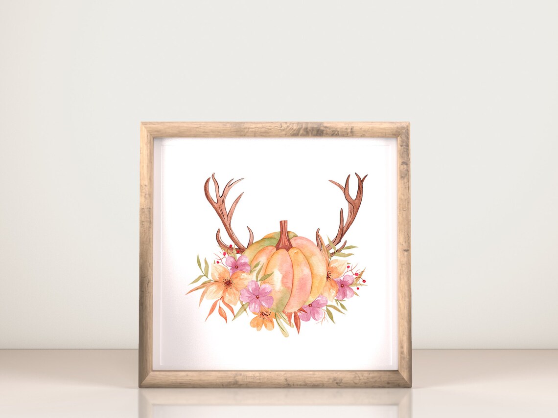 Watercolor Pumpkin with Antlers Floral Fall Harvest Wall Art Print - Image 3