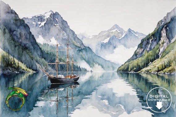 Watercolour Fiord Scene With Three Mast Ship Stunning Landscape Painting Ideal For Nautical Gift Lovers