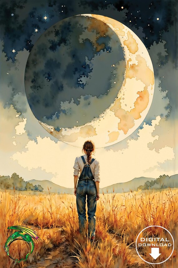 Woman in Overalls Beneath a Giant Crescent Moon Watercolor Poster