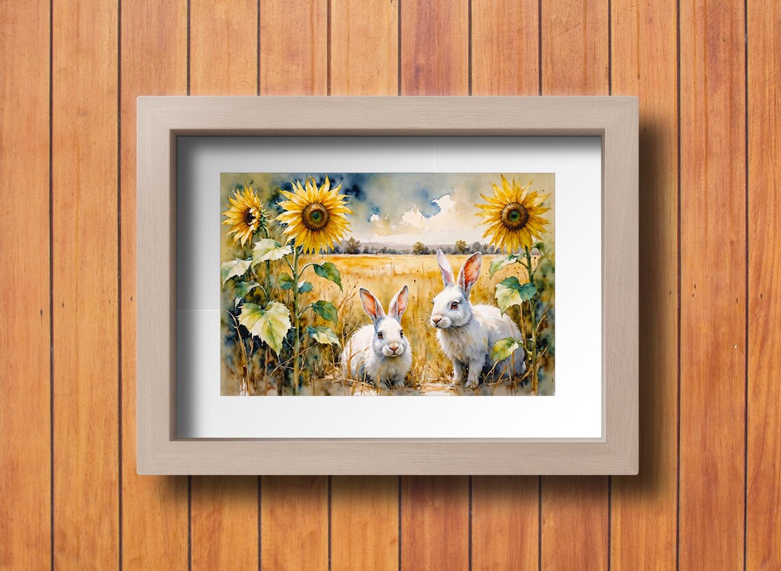 Two White Rabbits Among Sunflowers in Golden Field Watercolor Poster - Image 2