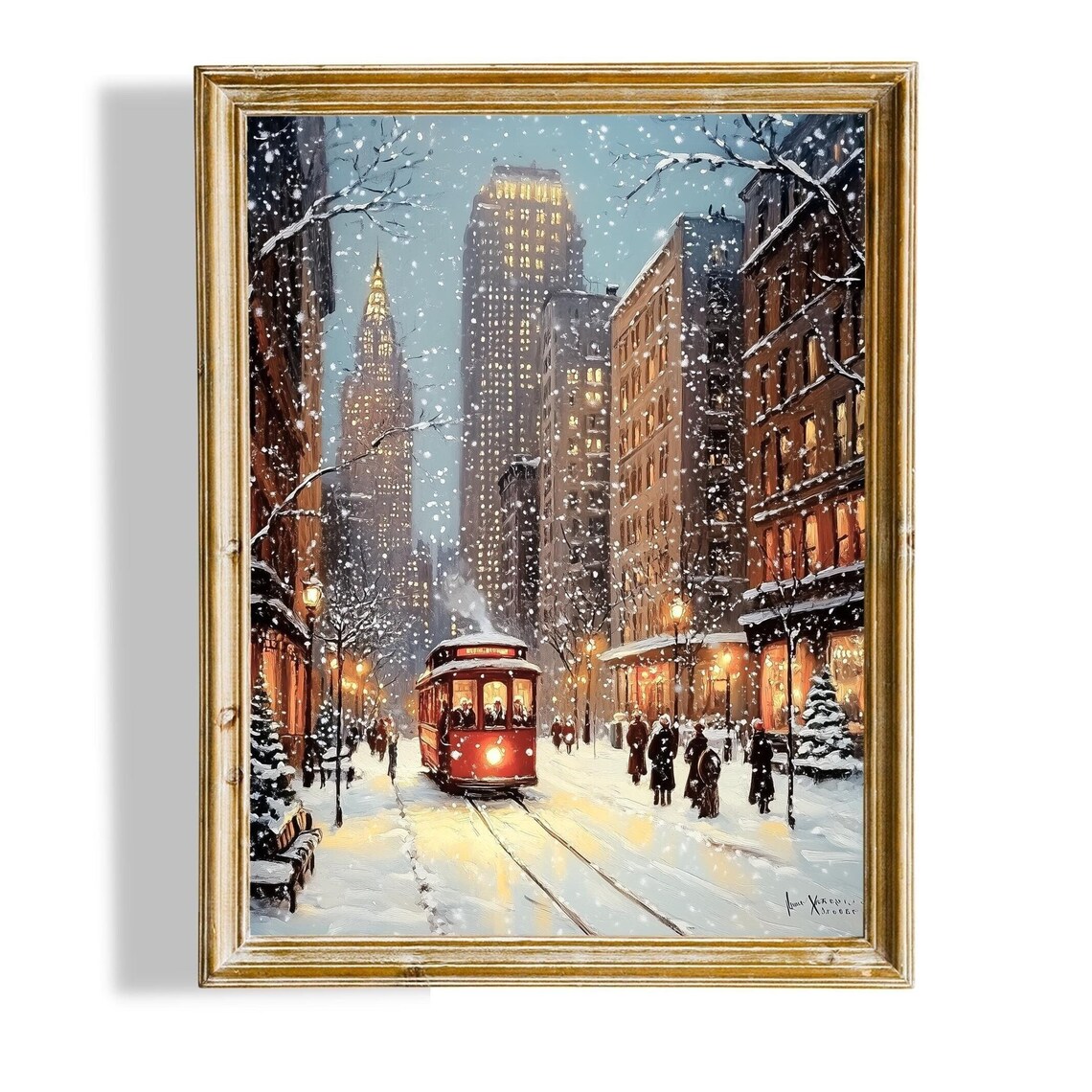 Winter New York City Snowy Street Red Trolley Night Art Poster