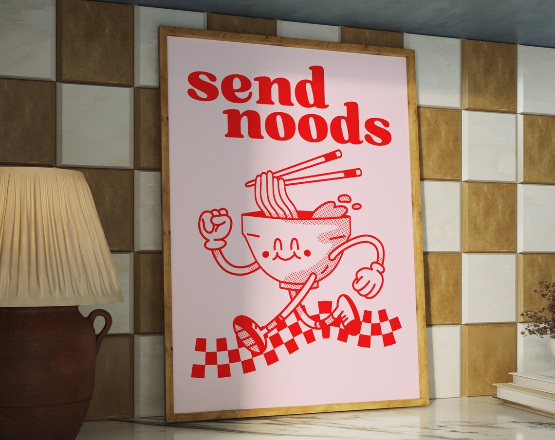 Send Noods Cheerful Noodle Bowl Character Retro Kitchen Wall Poster