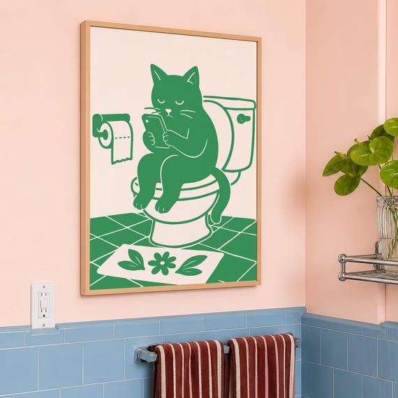 Cat Toilet Art Print Funny Bathroom Poster Digital Download