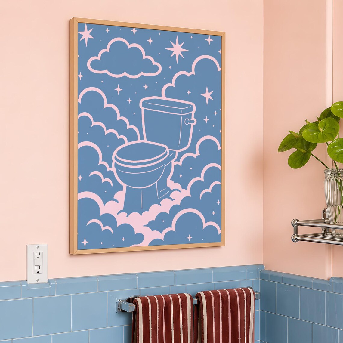 Bathroom Wall Art, Blue Pink Toilet Clouds Y2K Decor