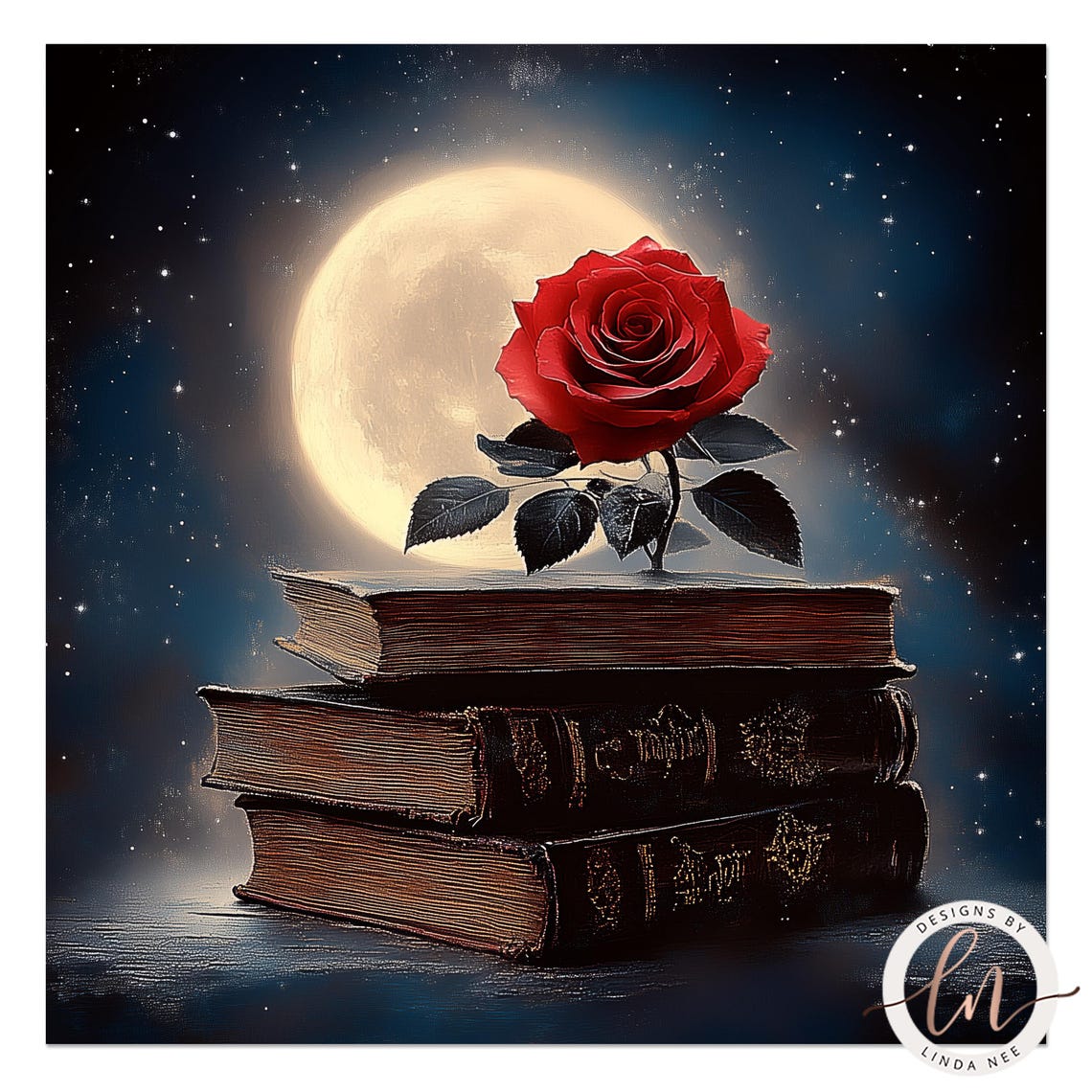 Red Rose On Vintage Books Full Moon Night Dark Romance Wall Art Poster - Image 4