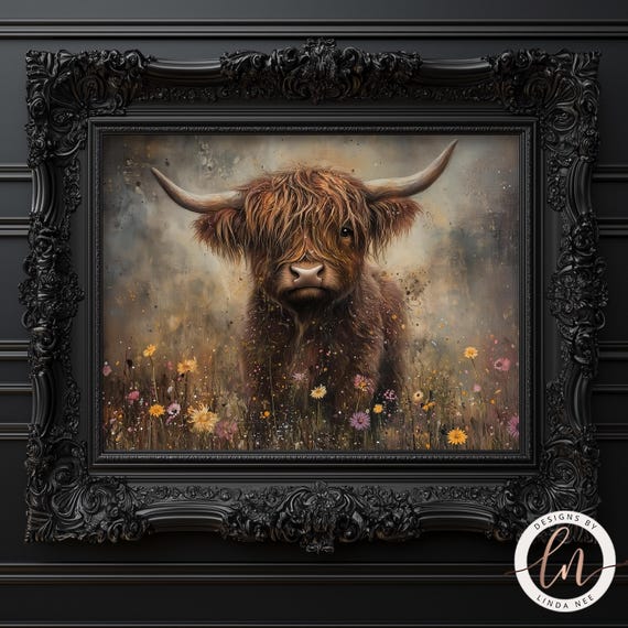 Scottish Highland Cow in Wildflowers, Vintage Art Print