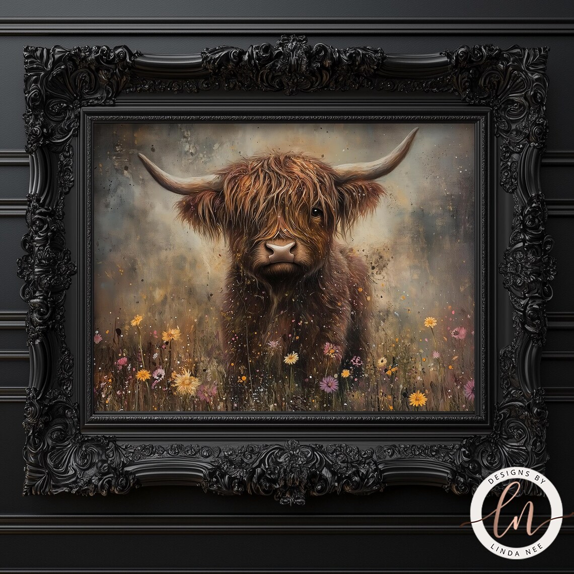 Scottish Highland Cow in Wildflowers, Vintage Art Print