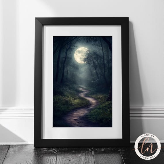 Moody Full Moon Dark Forest Art Print Dark Academia Wall Art Gothic Night Sky Art Decor Celestial Painting Woods At Night 6 Got054