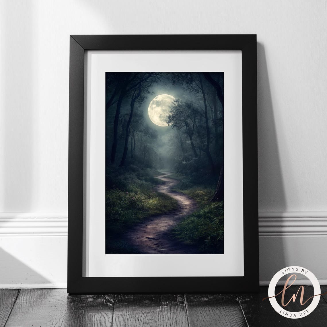Full Moon Misty Forest Path Night Dark Moody Woodland Wall Art Poster