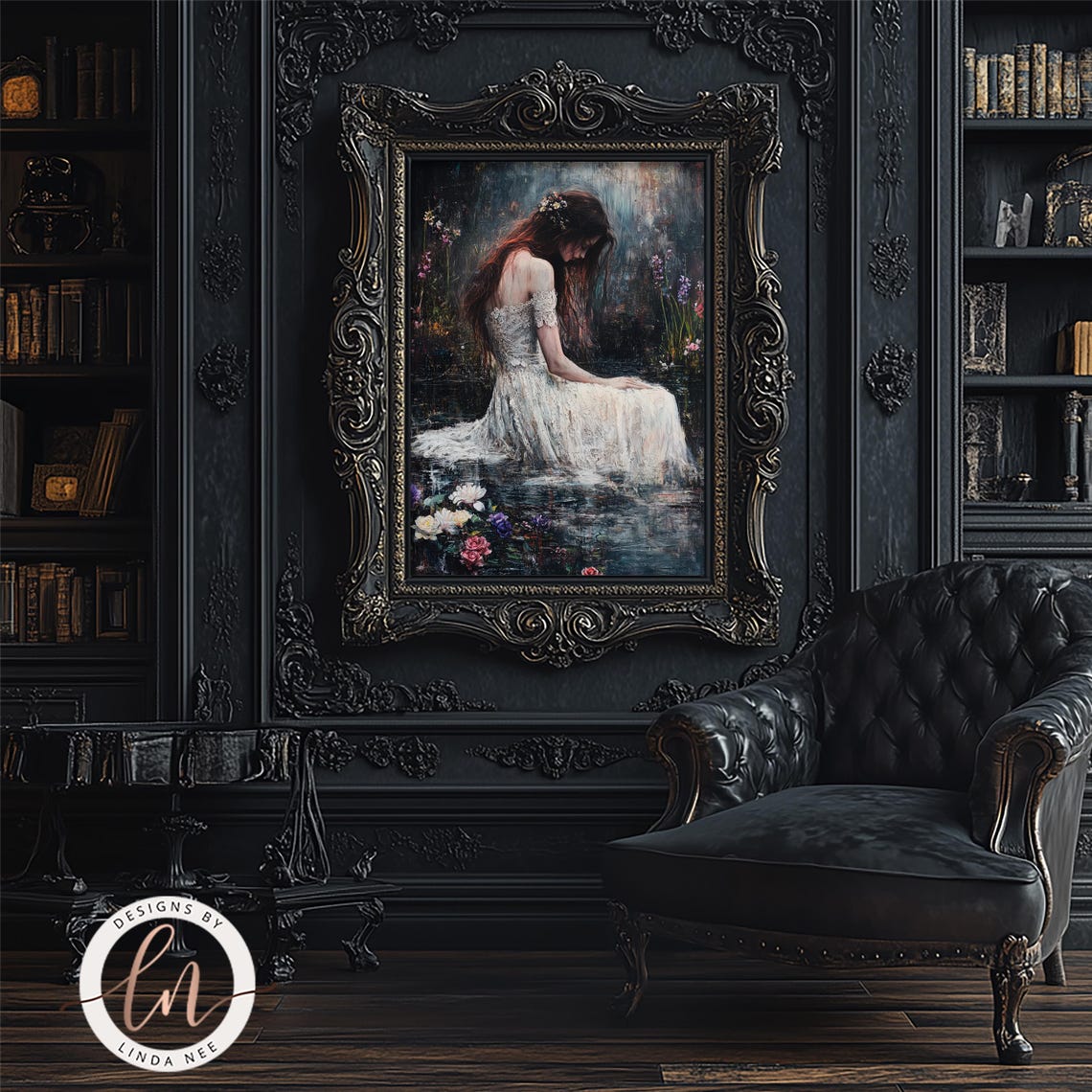 Dark Woman In Lake Painting Dark Academia Print Dreamy Ophelia Vintage Gothic Home Decor Moody Victorian Wall Art Wildflowers 6 Got065 - Image 2