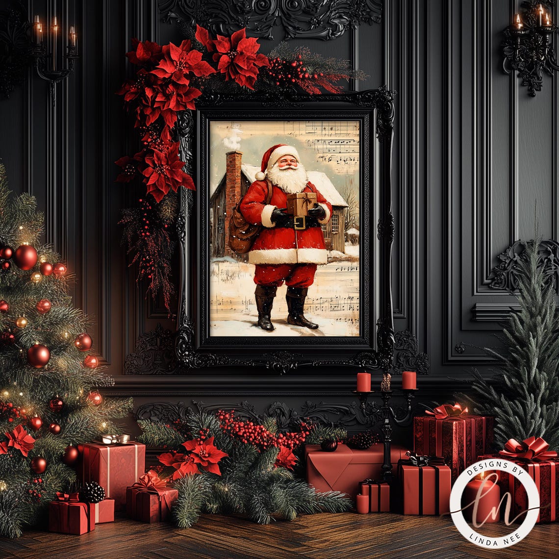 Vintage Santa Claus Print Christmas Wall Art Santa Oil Painting Victorian Dark Academia Winter Holiday Old Sheet Music Art 6 Xms060 - Image 3