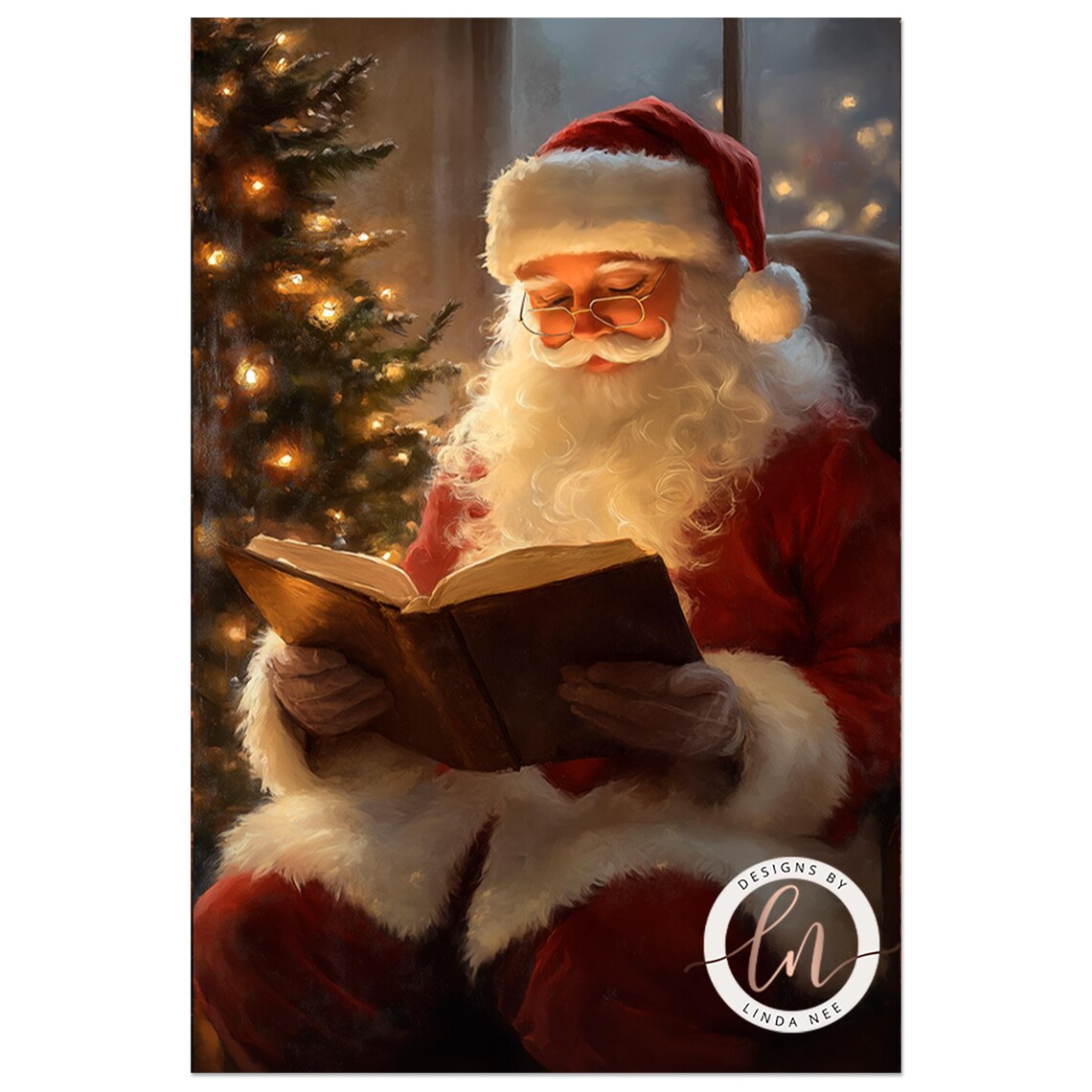 Santa Reading Book, Vintage Christmas Poster Print - Image 2