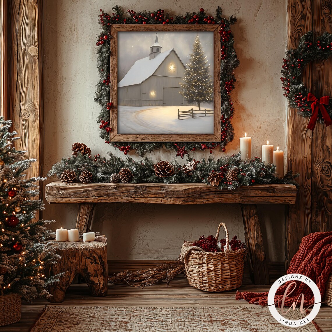 Christmas Night Farm, Rustic Farmhouse Art Print - Image 3