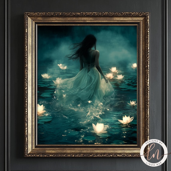 Woman in Lake With Glowing Lilies, Dark Academia Art Print