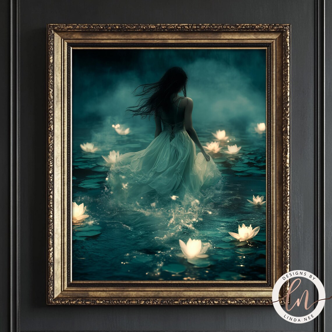 Woman in Lake With Glowing Lilies, Dark Academia Art Print