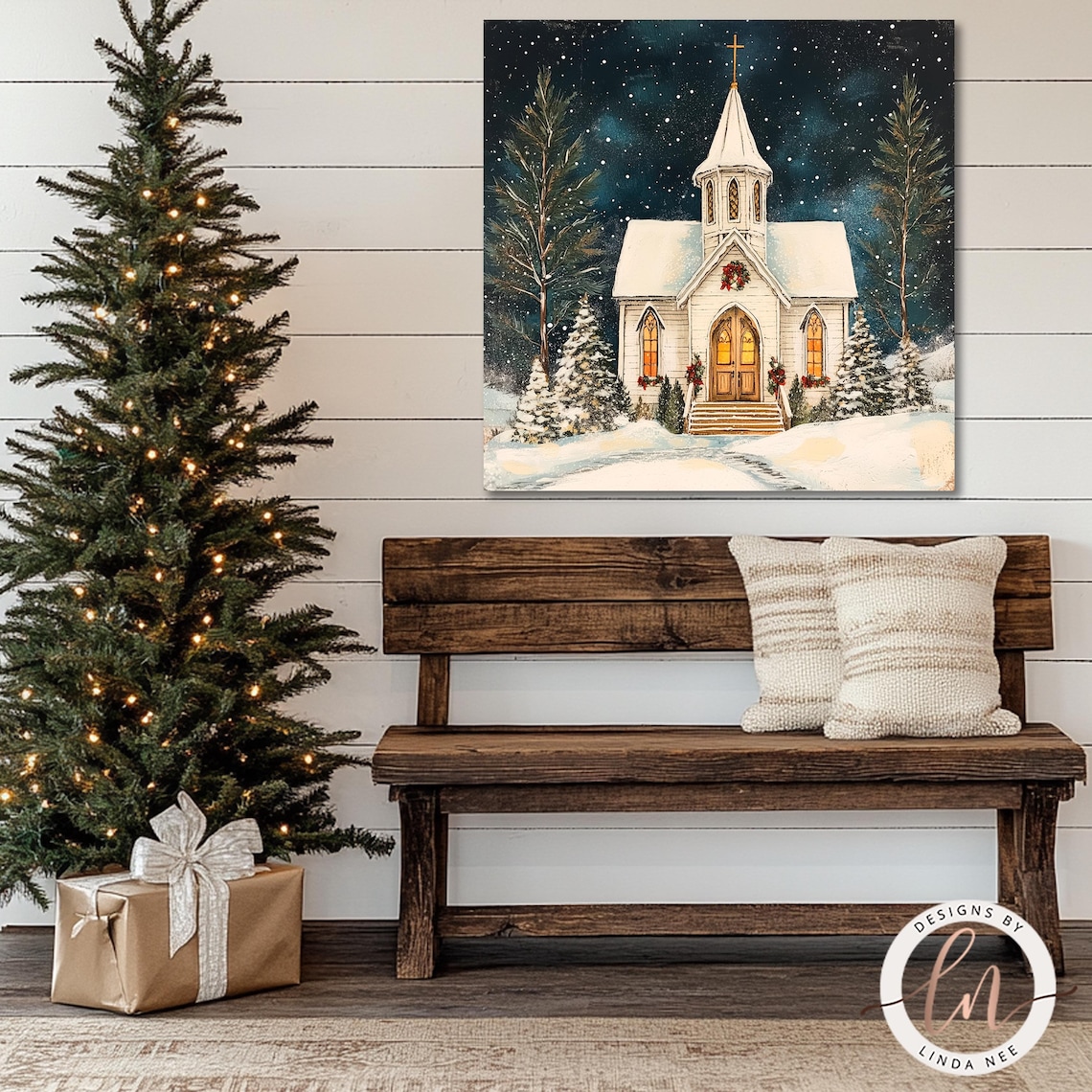 Vintage Church Christmas Scene, Oil-Painting Style Print - Image 2