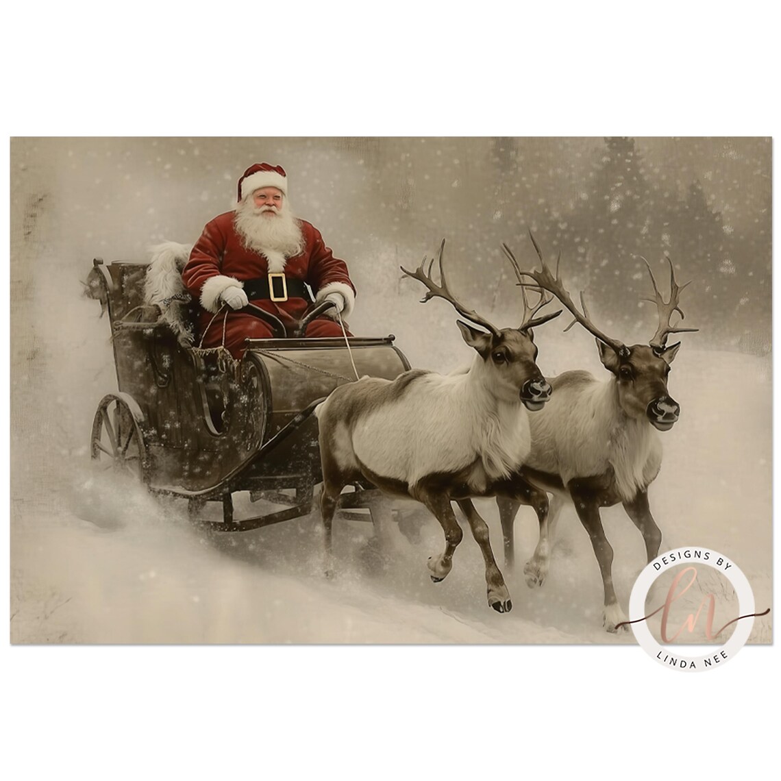Vintage Santa Claus Sleigh With Reindeer Art Print - Image 3